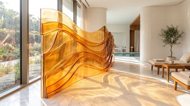 Wavy amber glass partition divides a modern interior space with natural light and marble flooring