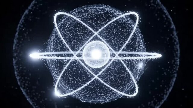 A glowing digital representation of a microscopic atomic structure in deep space