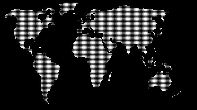 A futuristic squire shape dotted world map design illustrating all continents, ideal for infographics, clip art, 4k