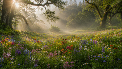 Obraz premium Colorful wildflower meadow surrounded by ancient trees with soft morning mist and sun rays filtering through the forest canopy