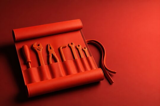 Red Tool Roll with Hand Tools on Minimal Background