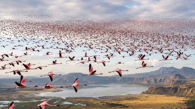 Huge flock of flamingos flying over lake in volcanic area.