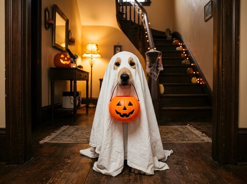Cute golden retriever dressed as a ghost, holding pumpkin bucket, halloween trick or treat celebration
