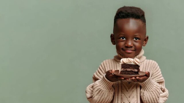 Cute African boy happily holding chocolate cake slice on pastel green background, joyful childhood dessert celebration, horizontal lifestyle video