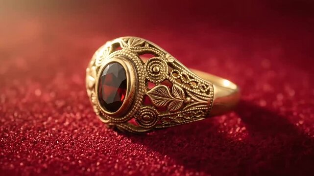 An ornate gold ring featuring a dark red gemstone on a velvet surface