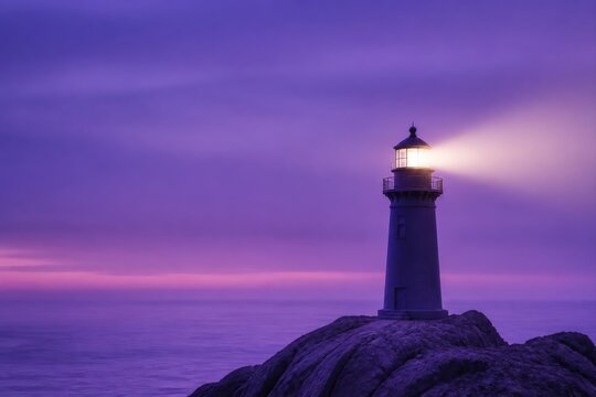 Purple twilight lighthouse on rocky coast at dusk