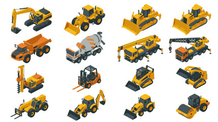 Collection of isometric construction vehicles and heavy machinery for building sites. © bi