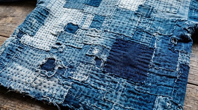 Patchwork denim fabric with intricate embroidery stitching.