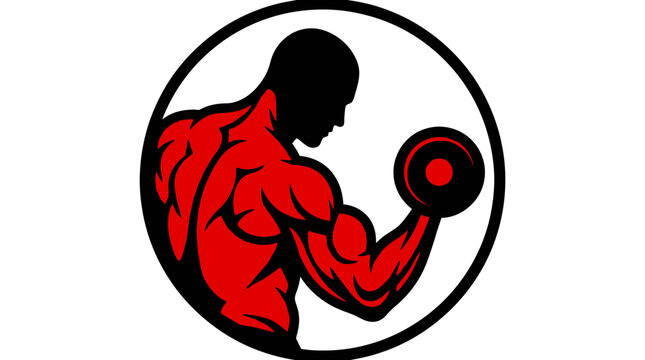 Red muscular bodybuilder lifting dumbbell in circle.