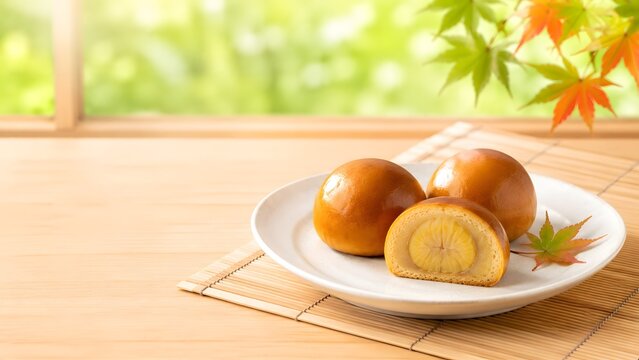 初秋の和菓子 栗饅頭を白い皿に盛りもみじを添えた明るい窓辺の静物写真