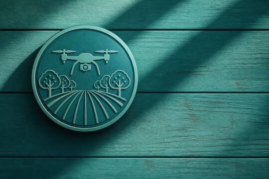 Agriculture drone emblem on teal wood for precision farming and crop monitoring