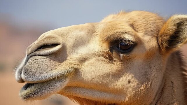 Close-up of a dromedary camel portrait, winking eye, desert animal wildlife, conveying humor and charm in natural light.