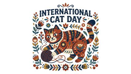 Naklejka premium International Cat Day Illustration with Folk Art Style Pattern