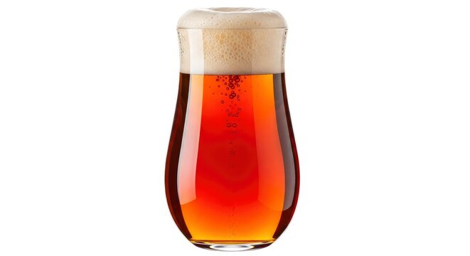 Glass of refreshing amber craft beer with thick frothy foam head and bubbles isolated on white background