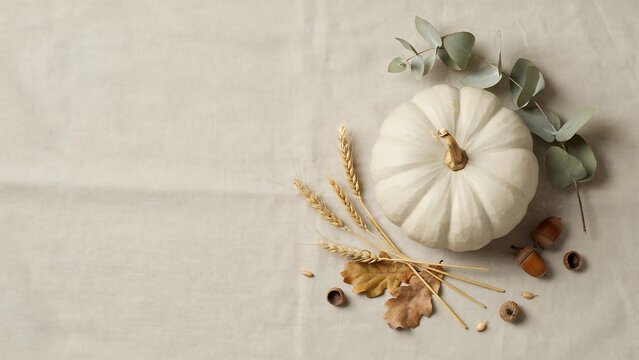 A beautiful white pumpkin surrounded by dried flowers and autumn leaves on a light beige textured background for seasonal fall holiday decoration