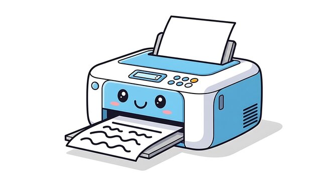 Kawaii Blue Printer Illustration with Happy Smiling Face