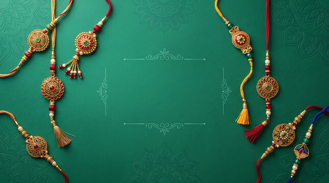 Assorted rakhi bracelets arranged on green textured background.