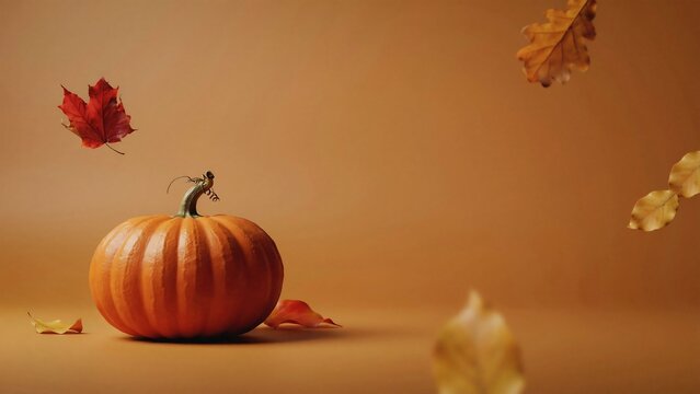 A single orange pumpkin sitting on a solid brown background with colorful autumn leaves falling around it for a seasonal holiday concept