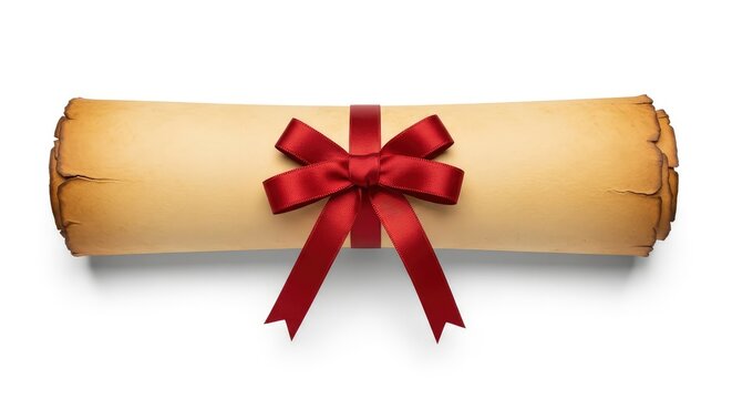 Old vintage parchment scroll tied with a red ribbon and bow, isolated on white background