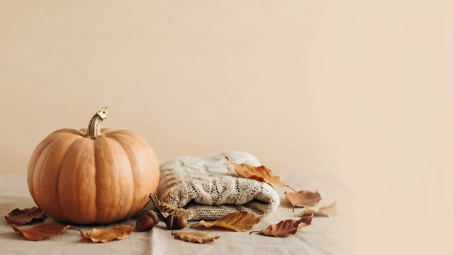 A single orange pumpkin resting on a wooden surface surrounded by dried autumn leaves against a soft neutral beige background wall