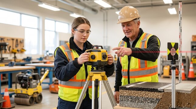 Road construction trainee learning laser level use, instructor teaching civil skills in square vocational workshop