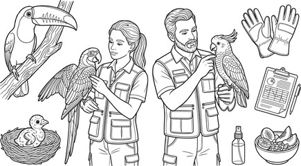 Ornithologist Zookeeper Outline Vector Set with Toucan Macaw Cockatoo Parrot and Bird Care Wildlife Research Elements © Md shain