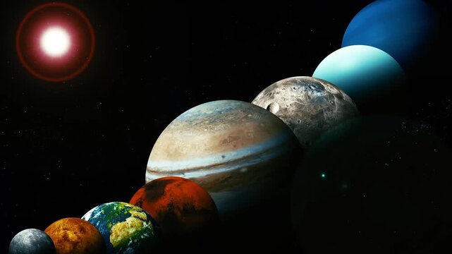 Row of colorful planets floating in space with a bright sun and stars, showing a solar system concept and science fiction background