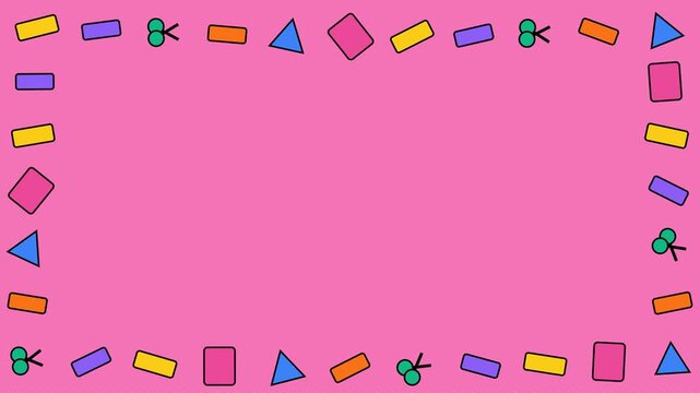 Colorful Hand Drawn Geometric Shapes Border Frame on Pink Background.