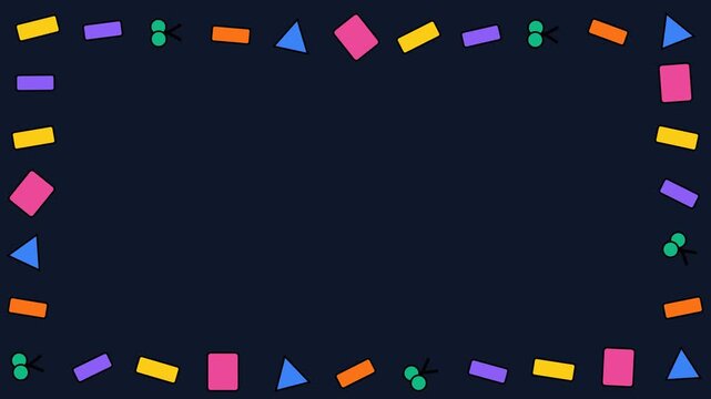 Abstract Memphis Style Geometric Pattern Frame with Colorful Shapes on Dark Background.