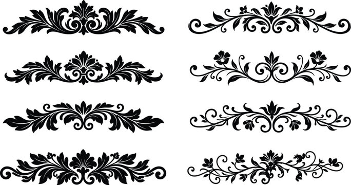 Vintage Baroque Header Dividers and Elegant Damascus Floral Vignette Corner Ornament Set Isolated on White