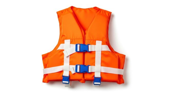 Orange life jacket with white straps and blue buckles isolated on white background. Personal flotation device for water safety and boating.