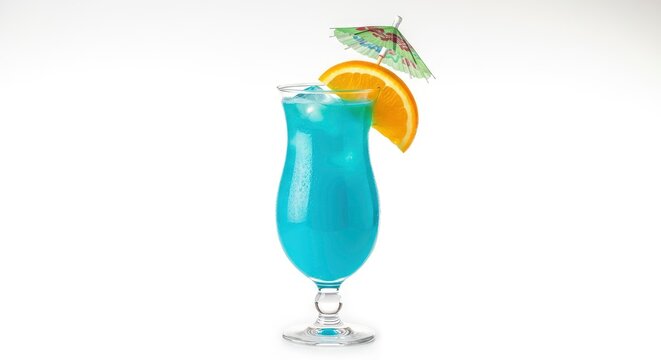 Blue Hawaiian cocktail in a hurricane glass garnished with an orange slice and paper umbrella isolated on white background