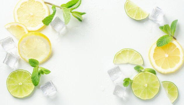 Refreshing Summer Background with Lemon, Lime, Mint and Ice Cubes Copy Space