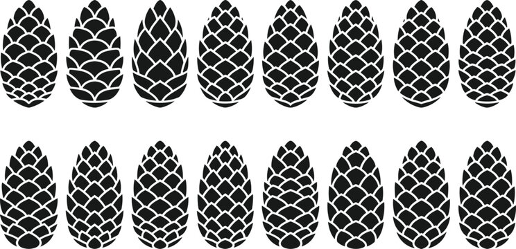 Set of black pine cone silhouettes with different geometric scale patterns isolated on white background for autumn design