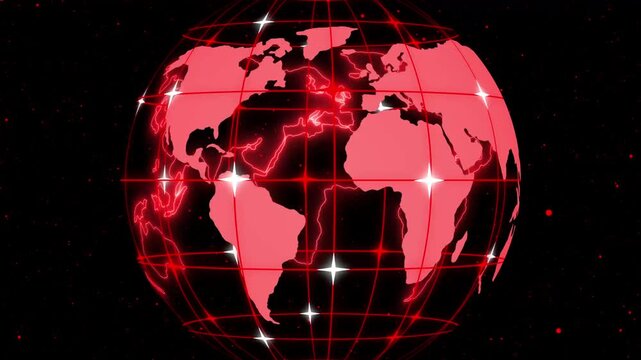 Digital globe with continents and glowing grid lines on starry background animation