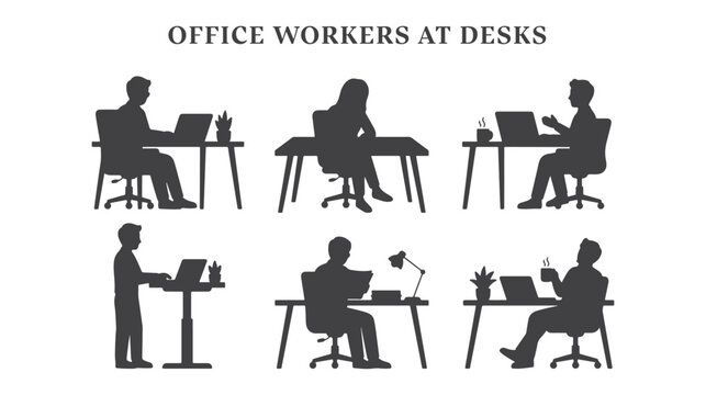 Office desk activities silhouette vector set, side view black figures working at desk, computer work, typing, standing desk, writing, and video call isolated on white background