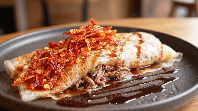 Crispy fried spring roll with spicy chili garnish.