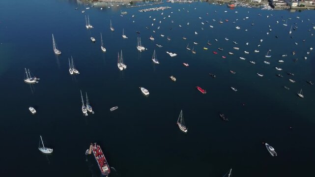 Aerial drone view of boat moorings in Salcombe Estuary, South Devon, England