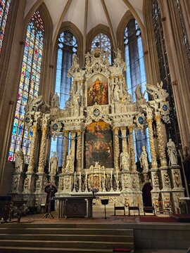 Baroque high altar depicting the Coronation of the Virgin, Erfurt Cathedral Dom St. Marien, Germany, early 18th century

