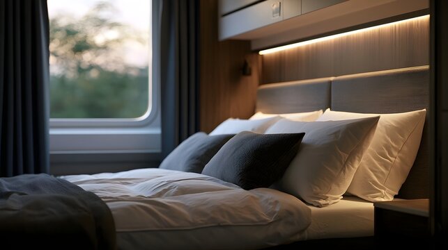 Cozy bed setup inside a modern train sleeper car with warm ambient lighting and soft natural light from window