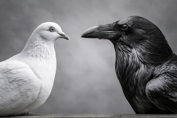 Obraz premium Black Raven and White Dove Facing Each Other in Contrast