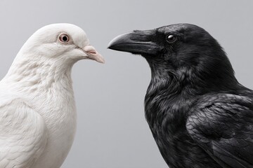 Obraz premium White Dove and Black Raven Facing Each Other Studio Portrait