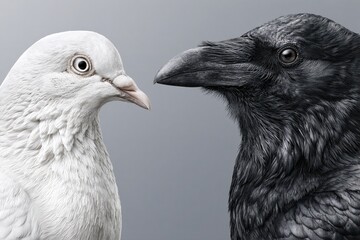 Obraz premium White Dove and Black Raven Face Off in Studio Portrait