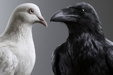 Obraz premium White Dove and Black Raven Face Off in Dramatic Contrast