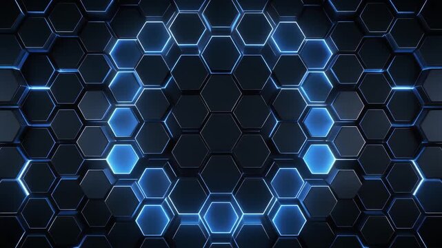 Dynamic pulsing hexagonal grid pattern with glowing blue light accents, abstract technological backdrop, representing data flow, network connectivity and futuristic
