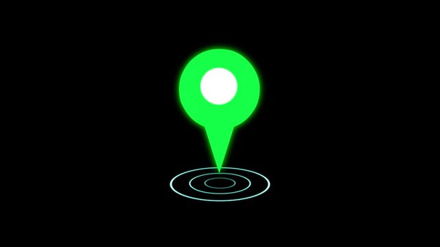 Smooth 4K animation of a glowing location pin dropping onto a black background with ripple waves. Perfect for navigation, digital maps, travel, tracking, logistics, mobile apps and UI design.