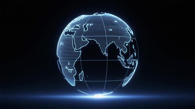 Digital holographic glowing Earth rotating on black background with light effects, symbolizing global connection, technology, and data