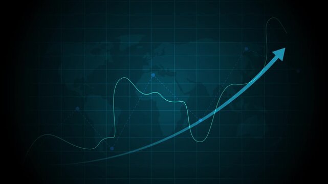 Abstract world map background with grid rising line graph and upward arrow showing global business growth and financial progress animation