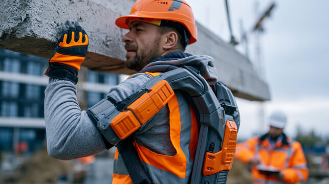Construction worker wearing a load-bearing back exoskeleton lifting a heavy precast concrete panel on a building site under an overcast dramatic sky, the powered support frame reducing spinal stress