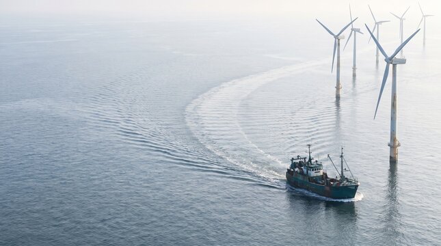 A fishing vessel follows a wind farm navigation corridor
